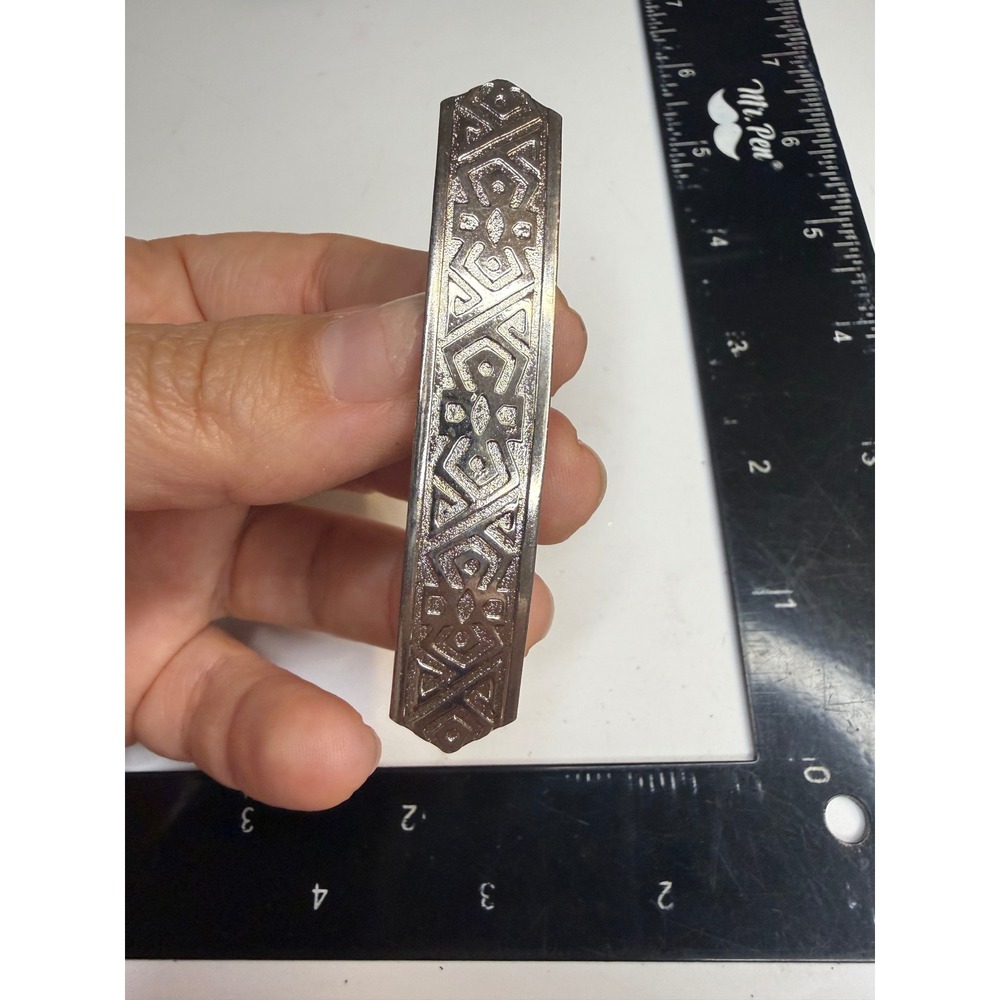 Silver Tone Embossed Geometric Tribal Pattern French Clip Hair Barrette